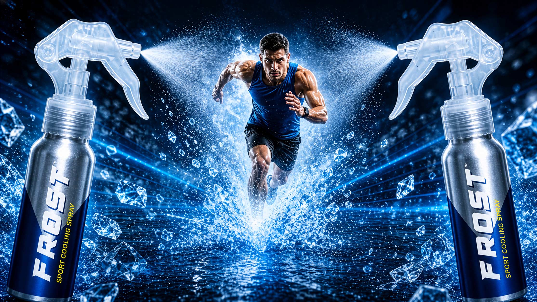 FROST Sport Cooling Spray bottles spraying cooling mist toward an athlete